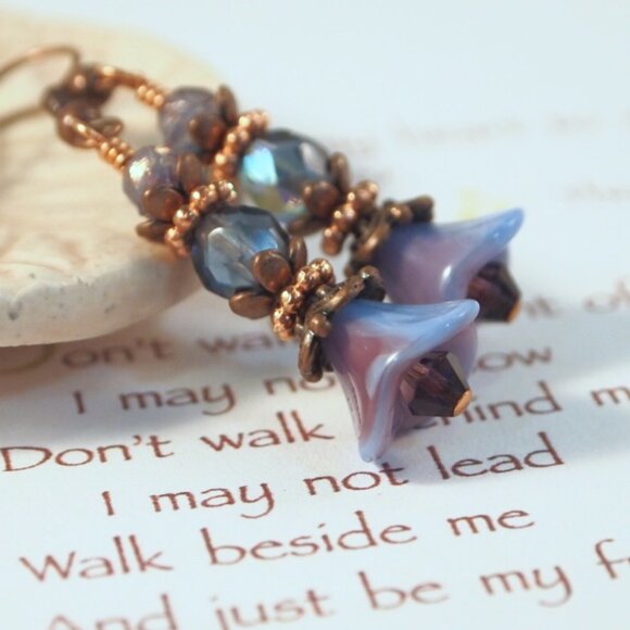 Copper Floral Earrings Boho Chic Czech Earrings  Pierced or Clip-on Earrings - Picture 5 of 10